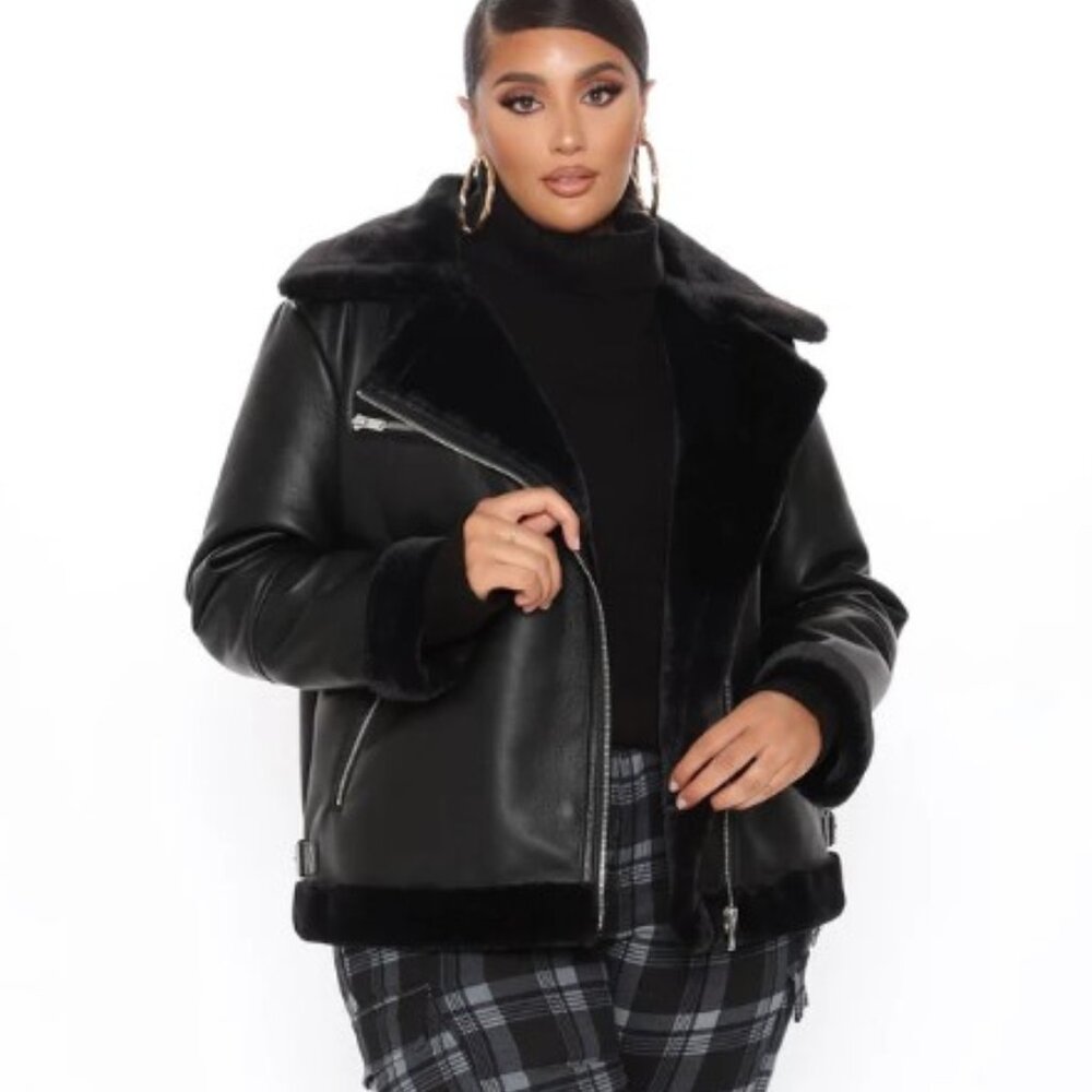 Black Leather Jacket w/ Fur 2X